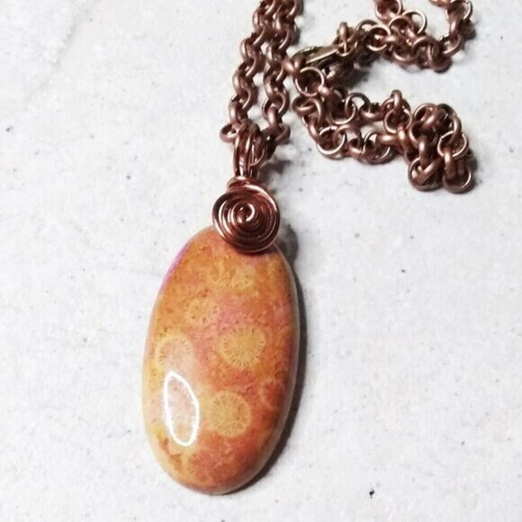 Wire Wrapped!!! Mango + Tangerine Hues! Chrysanthemum Fossil Pendant + 20" Chain - Picture 7 of 8